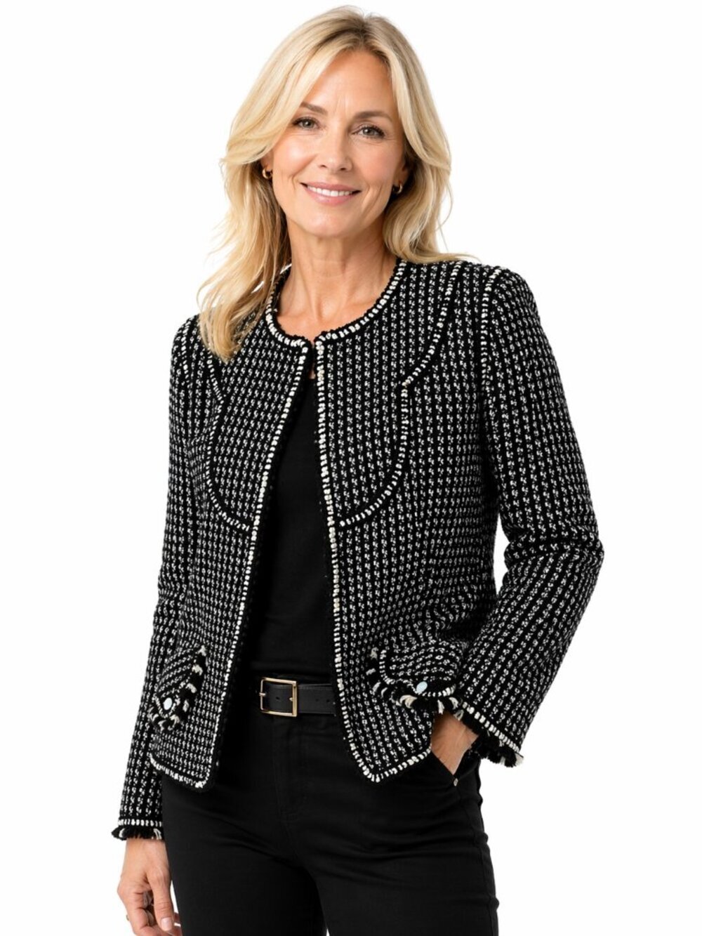 Andrew GN Paris Sequin Embellished Fringed Trim Tweed Wool Jacket